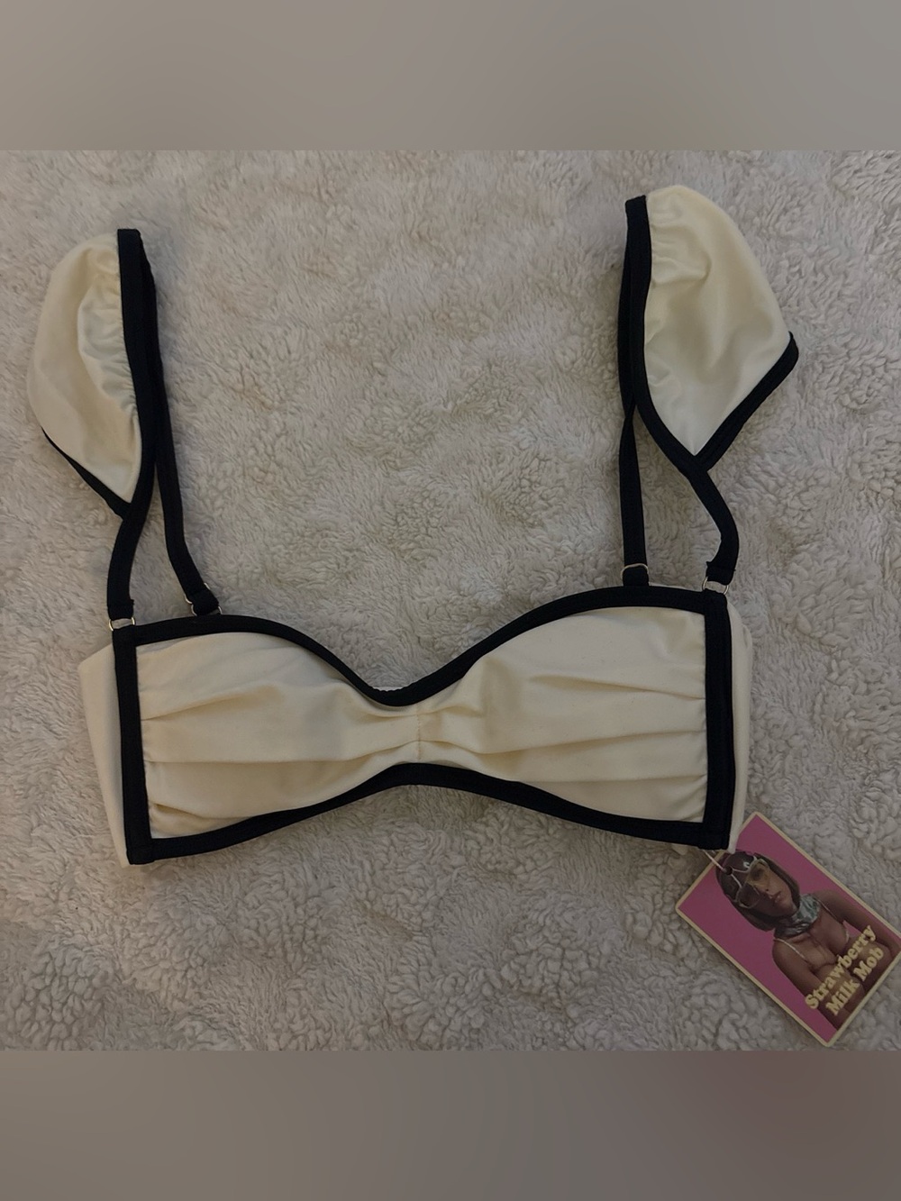 Strawberry Milk Mob Cream Bikini Top with Black Trim
